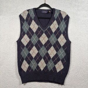 Vintage Finalist Mens XL Argyle 100% Shetland Wool Sweater Vest Blue Academia